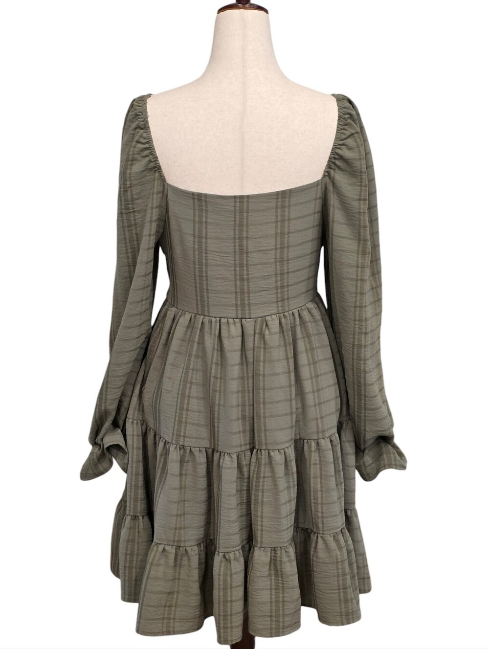 Altar'd State Natalie Plaid Tiered Mini Dress in Vetiver / Sage Green - Picture 3 of 7